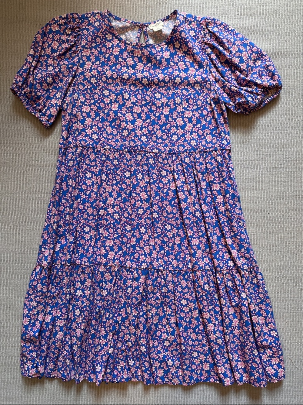 Crewcuts Blue Floral Puff-Sleeve Tiered Dress with Pink Blooms